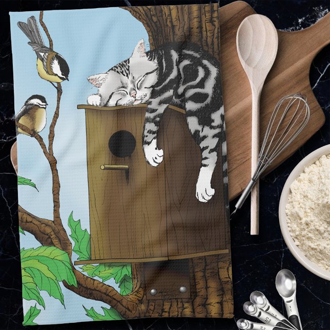 Cute Tabby Cat Napping Birdhouse Funny Tea Towel (Creator Uploaded)