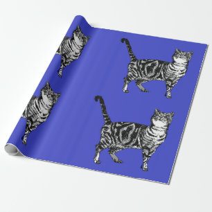 Cute Tabby Cat Navy Blue Colorful art Wrapping Paper