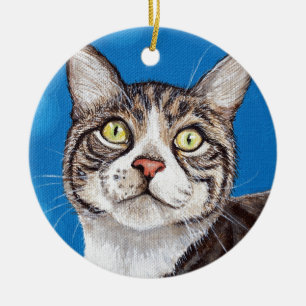 Cute Tabby Cat Painting Ceramic Ornament