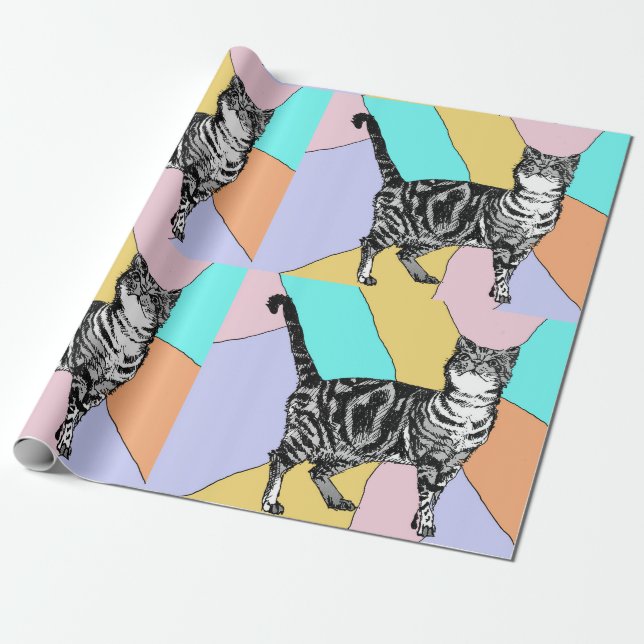 Cute Tabby Cat Pastel Colorful art Wrapping Wrapping Paper (Unrolled)