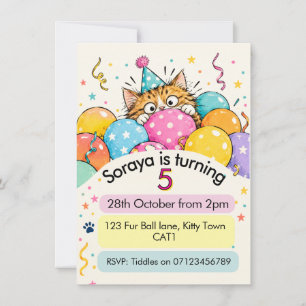 Cute Tabby Cat Peeking Balloons Confetti Birthday Invitation