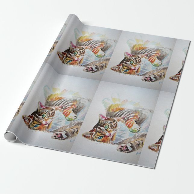 Cute Tabby Cat Playing Art Watercolour Wrapping Wrapping Paper (Unrolled)