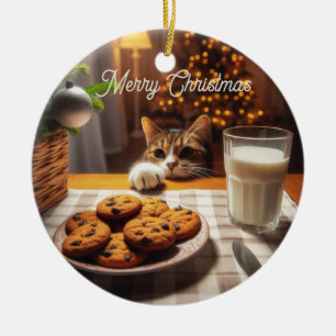 Cute Tabby Cat Reaching for Cookies Christmas Ceramic Ornament