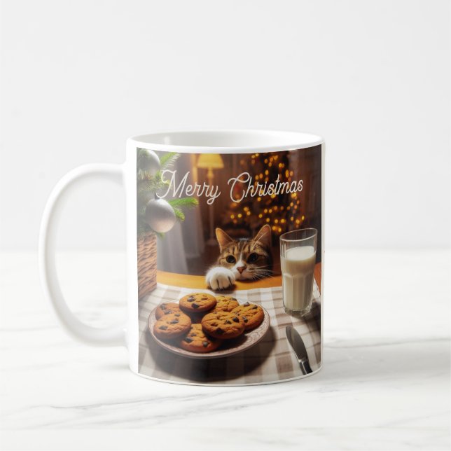 Cute Tabby Cat Reaching for Cookies Christmas Coffee Mug (Left)