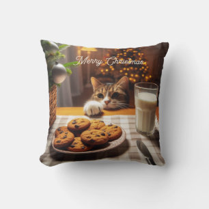 Cute Tabby Cat Reaching for Cookies Christmas Cushion