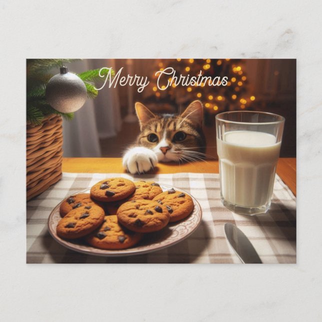 Cute Tabby Cat Reaching for Cookies Christmas Holiday Postcard (Front)