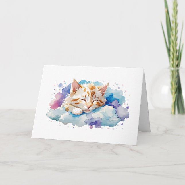 Cute Tabby Cat Sleeping Among Fluffy Clouds Blank Card (Front)