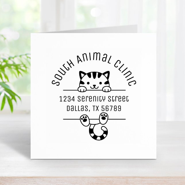 Cute Tabby Cat Veterinarian Animal Clinic Address Rubber Stamp (Creator Uploaded)