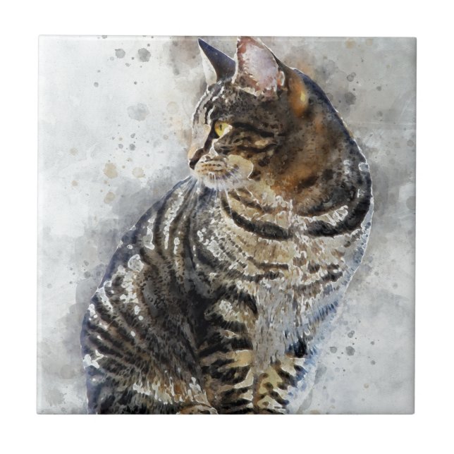 Cute Tabby Cat Watercolor Art Tile (Front)