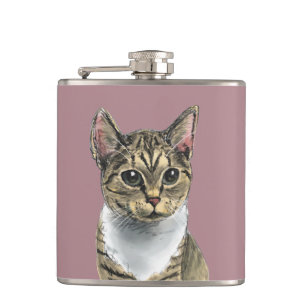 Cute Tabby Cat With Big Eyes Drawing Hip Flask