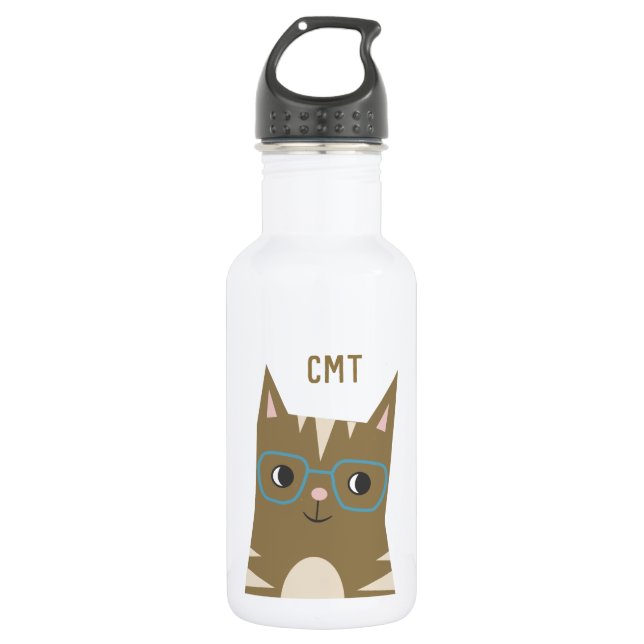 Cute Tabby Cat with Glasses | Monogram 532 Ml Water Bottle (Front)