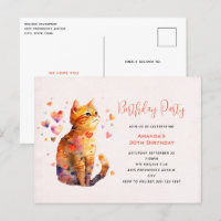 Cute Tabby Cat with Hearts Birthday Invite