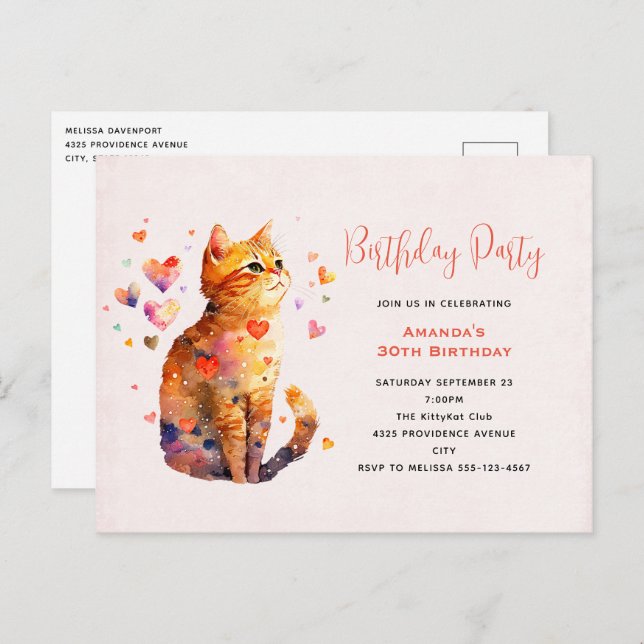 Cute Tabby Cat with Hearts Birthday Invite Postcard (Front/Back)