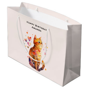 Cute Tabby Cat with Hearts Birthday Large Gift Bag