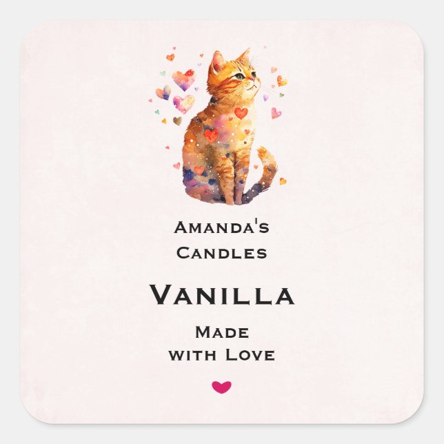 Cute Tabby Cat with Hearts Candle Craft Square Sticker (Front)