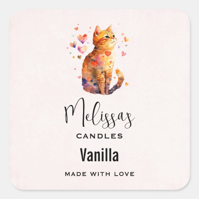 Cute Tabby Cat with Hearts Candle Craft Square Sticker (Front)
