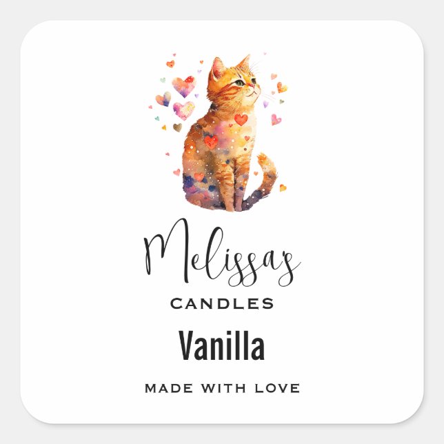Cute Tabby Cat with Hearts Candle Craft Square Sticker (Front)
