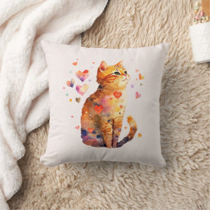 Cute Tabby Cat with Hearts Cushion