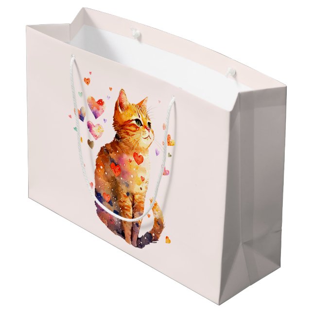 Cute Tabby Cat with Hearts Large Gift Bag (Back Angled)