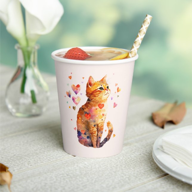 Cute Tabby Cat with Hearts Paper Cups (Insitu)