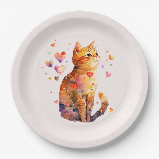 Cute Tabby Cat with Hearts Paper Plate (Front)