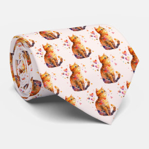 Cute Tabby Cat with Hearts Pattern Tie
