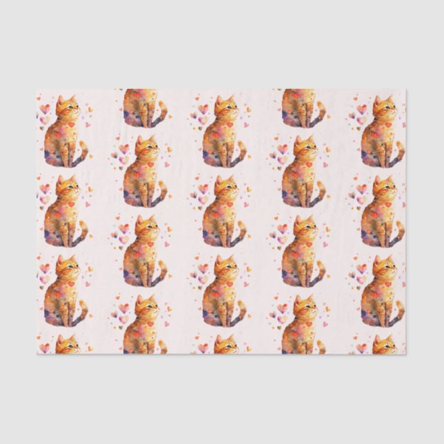 Cute Tabby Cat with Hearts Pattern Tissue Paper (Front)