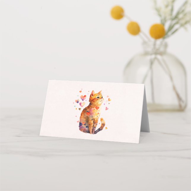 Cute Tabby Cat with Hearts Place Card (Front)