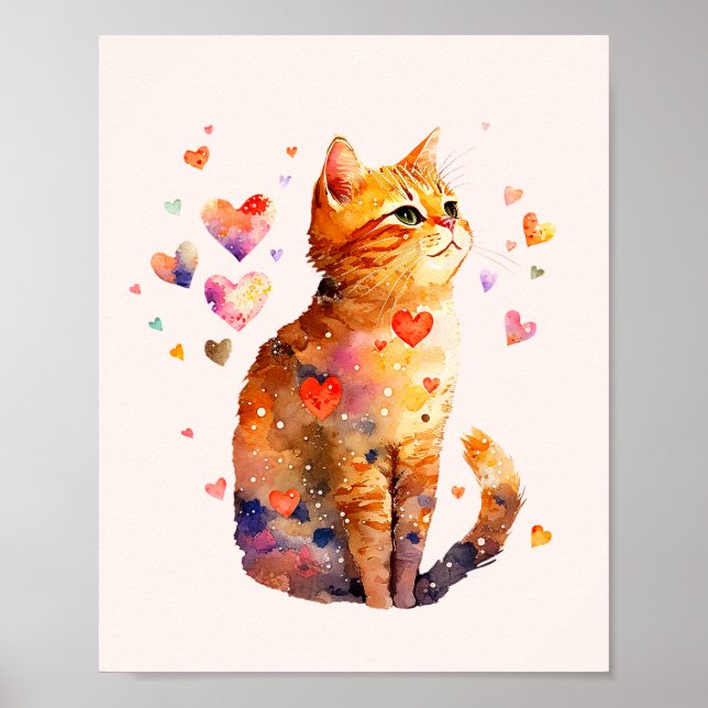 Cute Tabby Cat with Hearts Poster (Front)