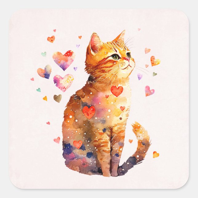 Cute Tabby Cat with Hearts Square Sticker (Front)