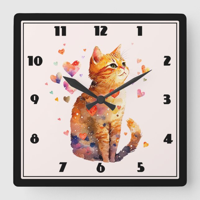 Cute Tabby Cat with Hearts Square Wall Clock (Front)