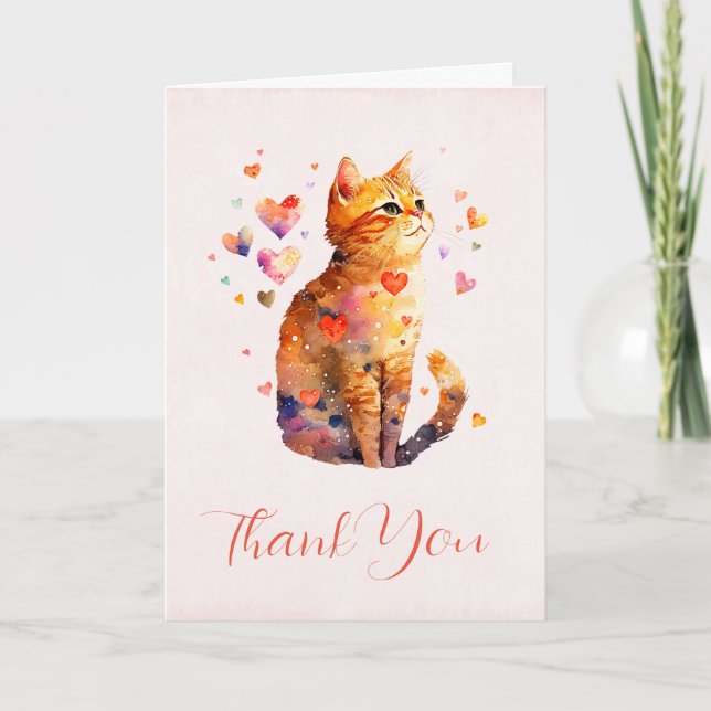 Cute Tabby Cat with Hearts Thank You Card (Front)