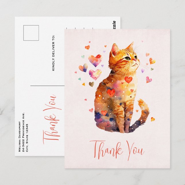  Cute Tabby Cat with Hearts Thank You Postcard (Front/Back)