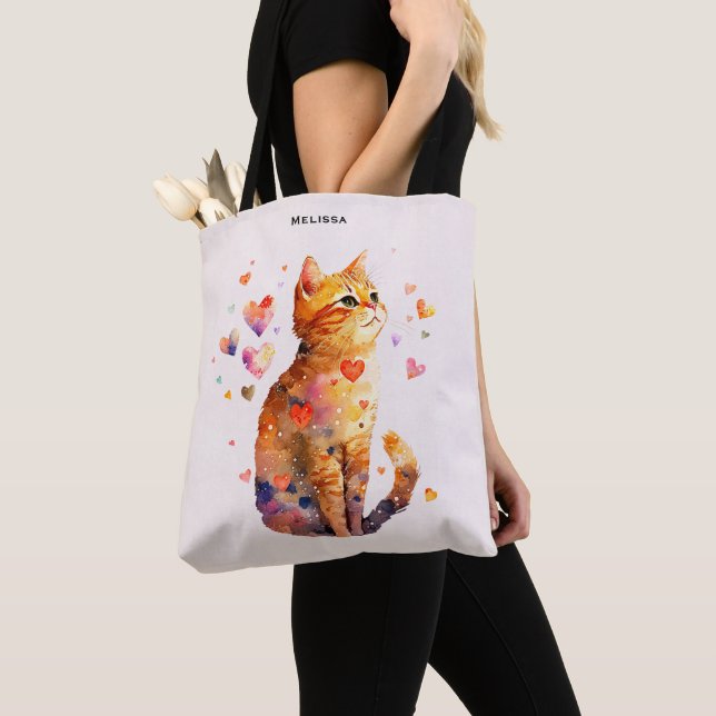 Cute Tabby Cat with Hearts Tote Bag (Close Up)