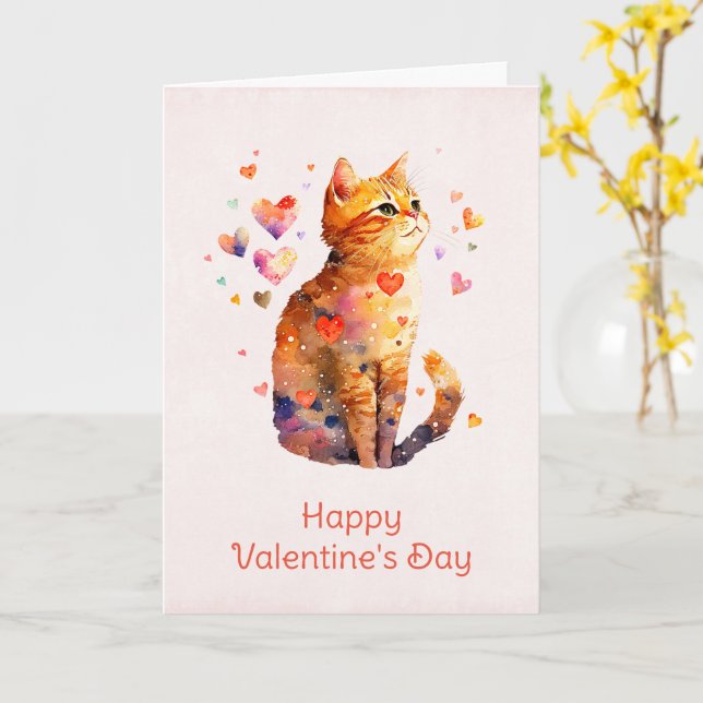 Cute Tabby Cat with Hearts Valentine's Day Card (Yellow Flower)