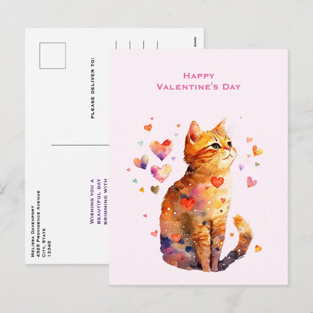 Cute Tabby Cat with Hearts Valentine's Day Holiday Postcard (Front/Back)