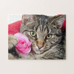 Cute Tabby Cat With Rose Jigsaw Puzzle