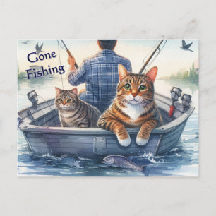 Cute Tabby Cats Gone Fishing with Dad Holiday Postcard