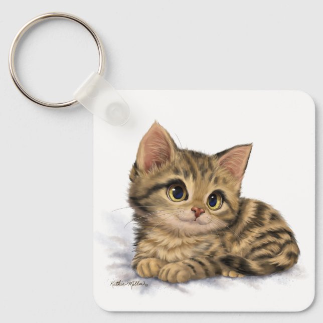 Cute Tabby Kitten Cartoon Key Ring (Front)