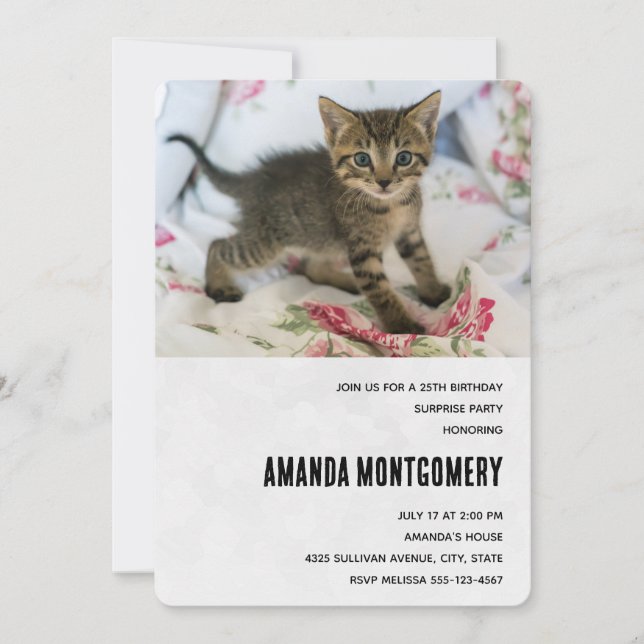 Cute Tabby Kitten Looking Surprised Birthday Invitation (Front)