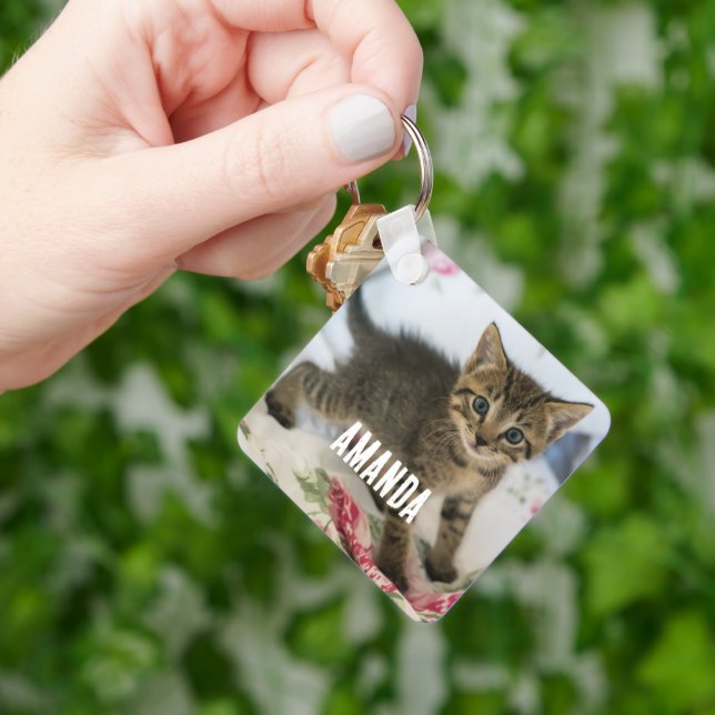Cute Tabby Kitten Looking Surprised Key Ring (Hand)