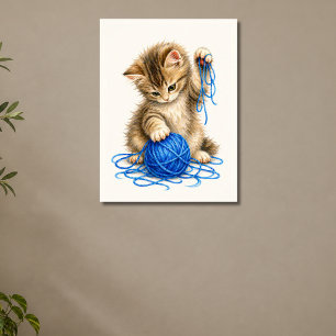 Cute Tabby Kitten Playing with Blue Yarn Poster