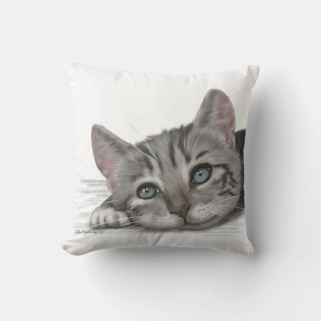  Cute Tabby Kitten Resting Cartoon Cushion (Front)