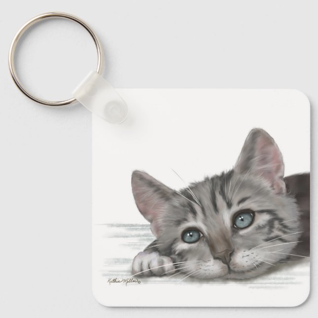  Cute Tabby Kitten Resting Cartoon Key Ring (Front)