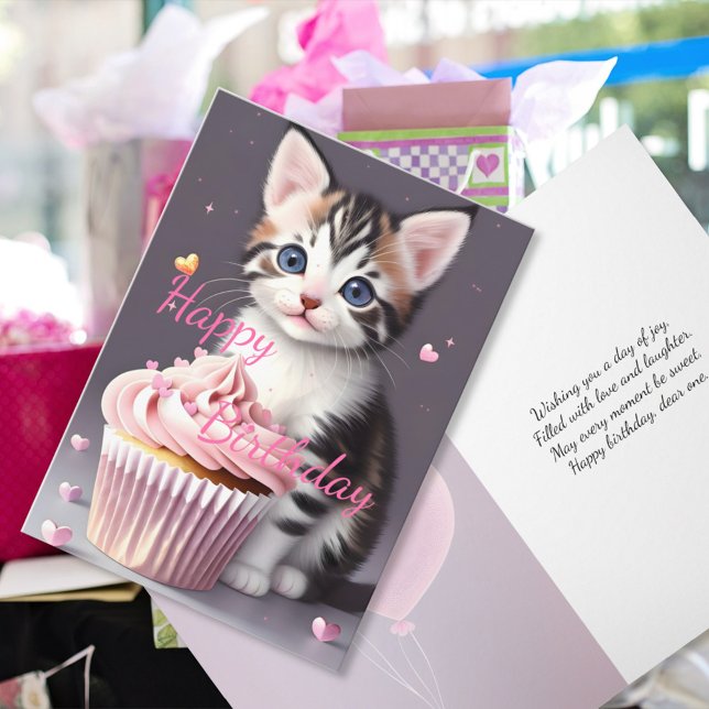 Cute Tabby Kitten Sweet Cupcake Birthday Greeting Card (Creator Uploaded)