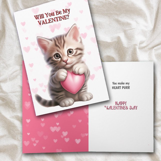 Cute Tabby Kitten with Pink Heart Valentine Holiday Card (Creator Uploaded)