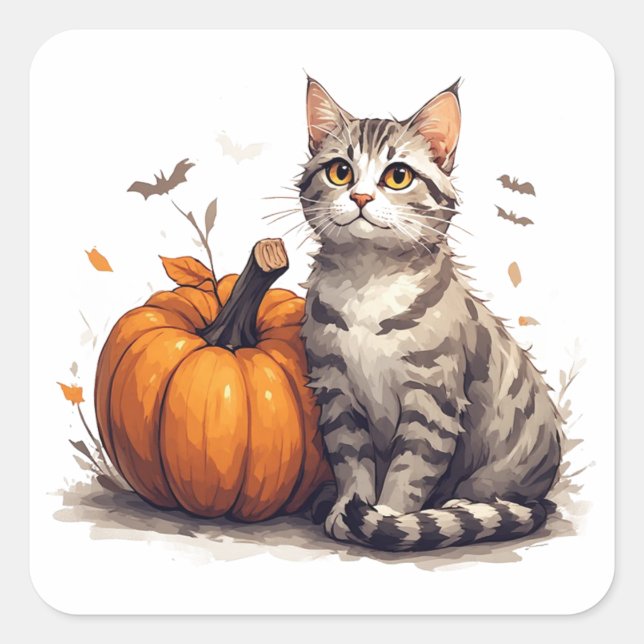 Cute Tabby Kitten With Pumpkin Halloween Fun 🎃 Square Sticker (Front)