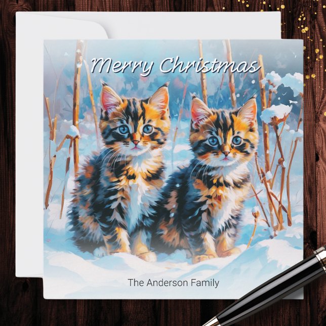 Cute Tabby Kittens In Snow Pet Animal Christmas Holiday Card (A personalized Christmas card with illustration of two cute tabby kittens in the winter snow)