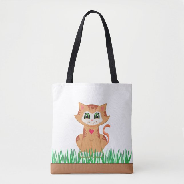 Cute Tabby Kitty Cat & Grass Plants Tote Bag (Front)