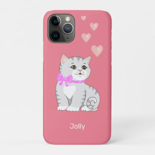 Cute Tabby Kitty Cat & Hearts on Pink iPhone 11 Pro Case